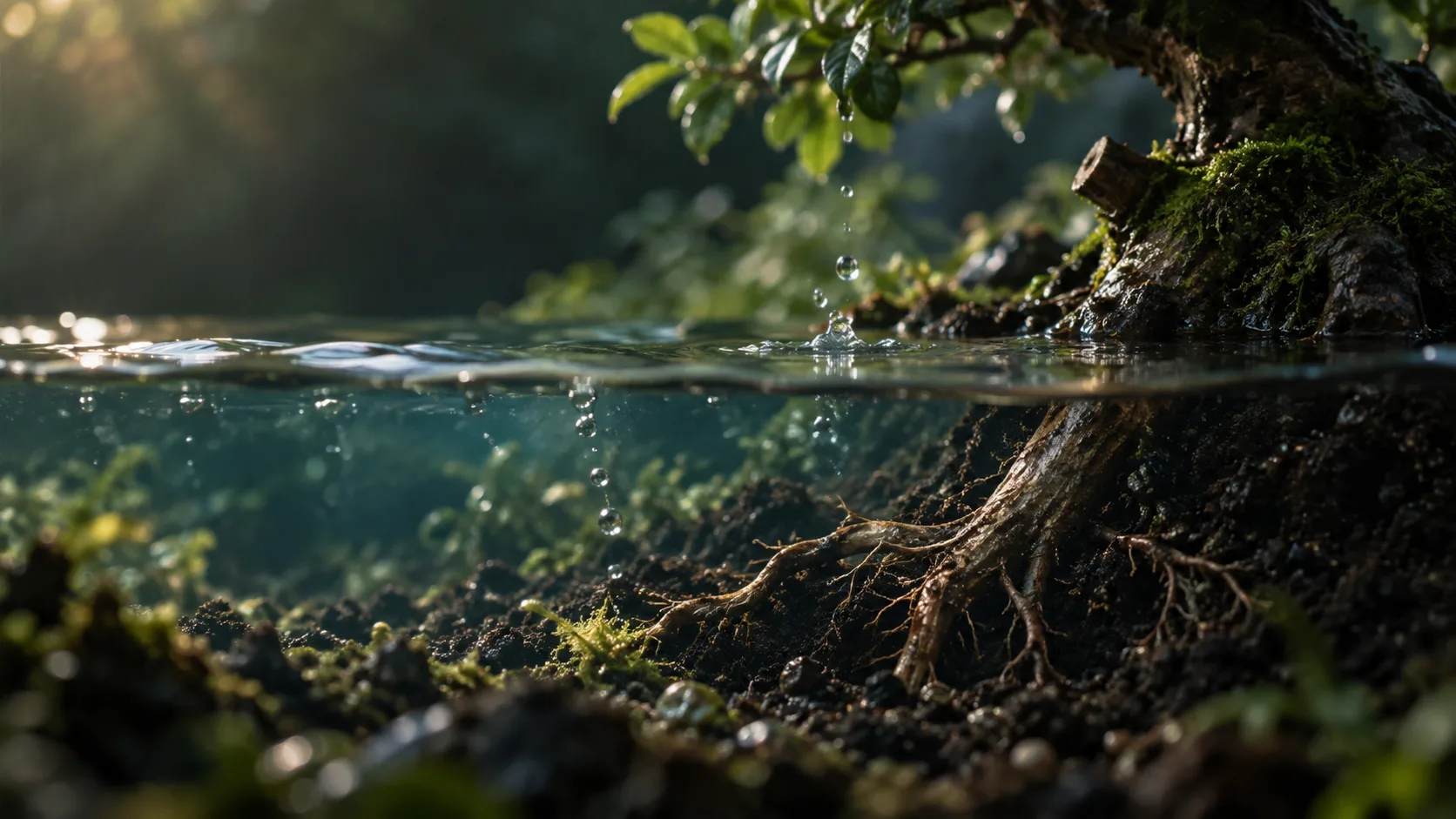 Raiz de bonsai sob uma superfície de água, imagem conceitual